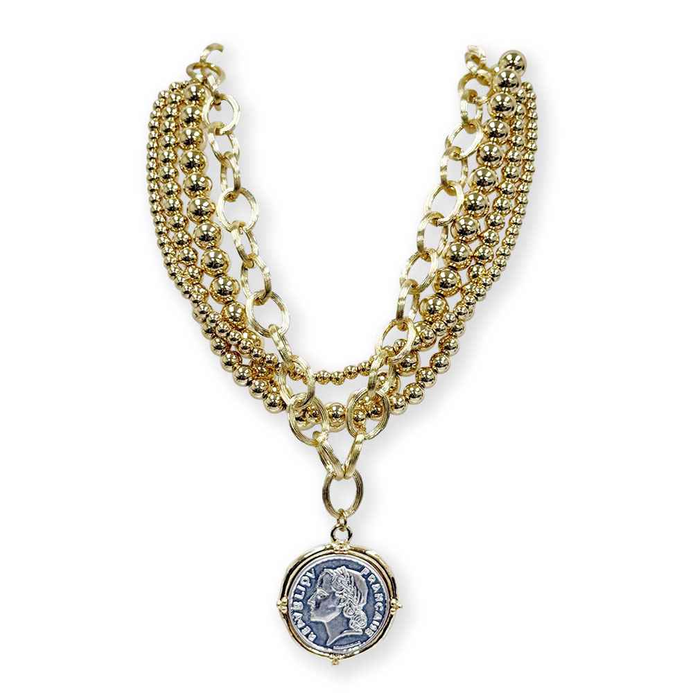 Thick Multi Gold Chain with Silver Stamped Coin 16"-18" Necklace