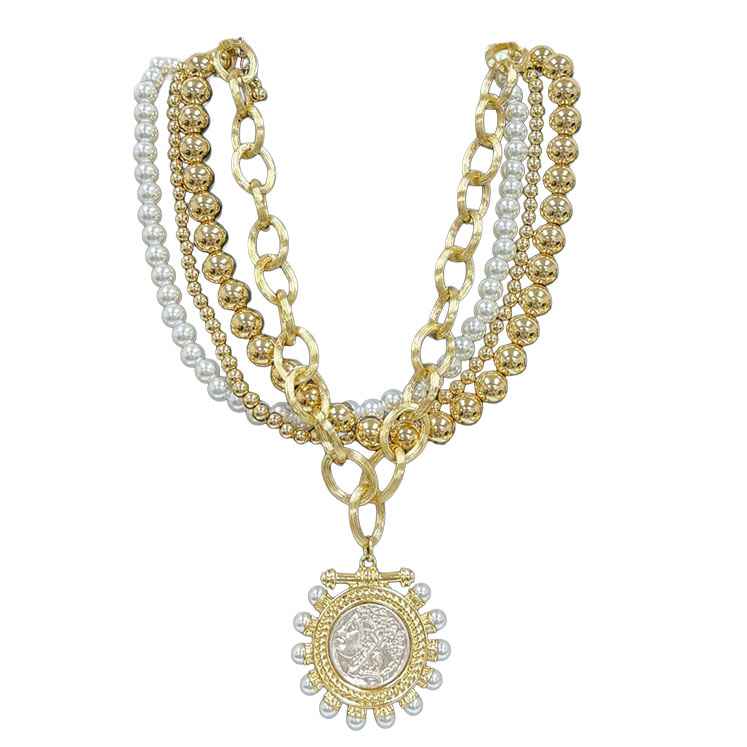 Thick Gold Beaded with Pearl with Large Stamped Charm 16"-18" Necklace