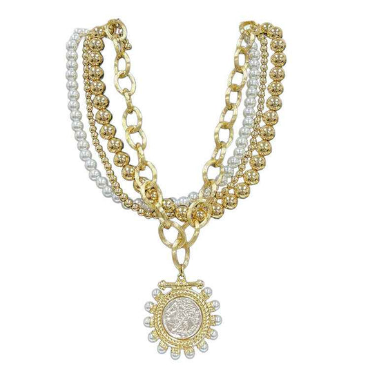Thick Gold Beaded 2 in 1 necklace with pearl and Large Stamped Charm 16"-18" Necklace