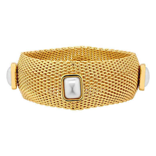 Wide Gold Mesh Chain Stretch Bracelet with Pearl Accents Bracelet