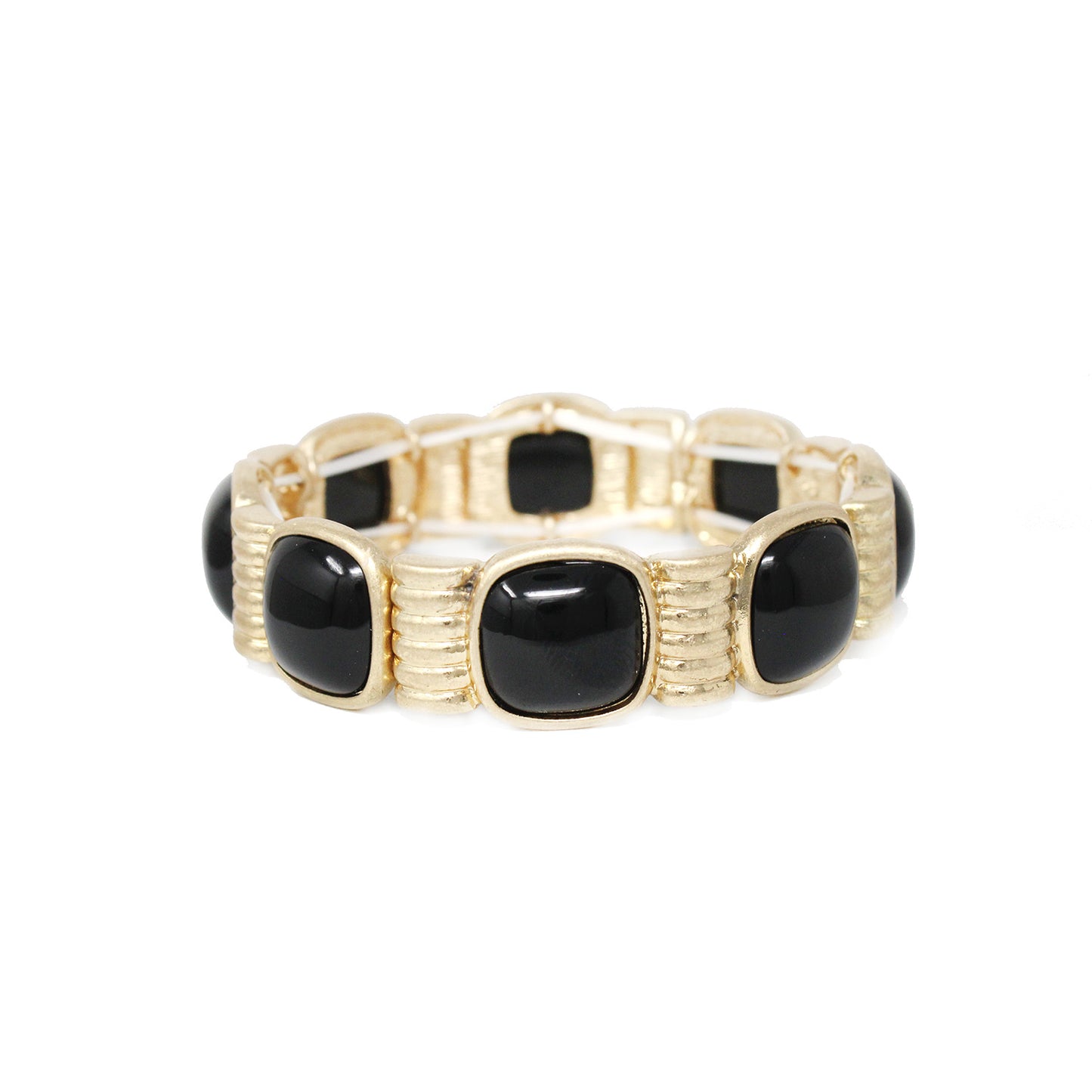 Hammered Gold with Black Square Stone Accents Stretch Bracelet
