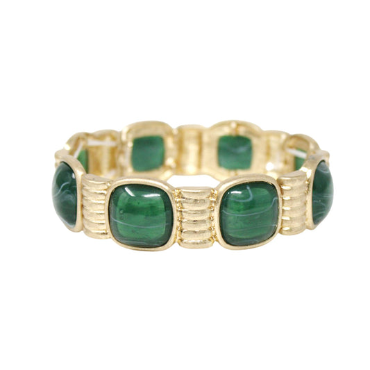 Hammered Gold with Green Square Stone Accents Stretch Bracelet