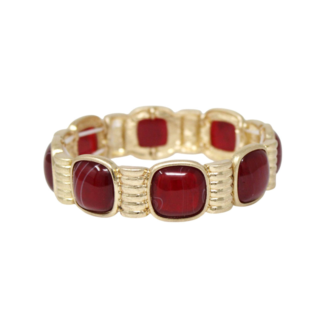 Hammered Gold with Red Square Stone Accents Stretch Bracelet