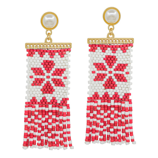 Red and White Seed Bead 2.5" Drop Earring