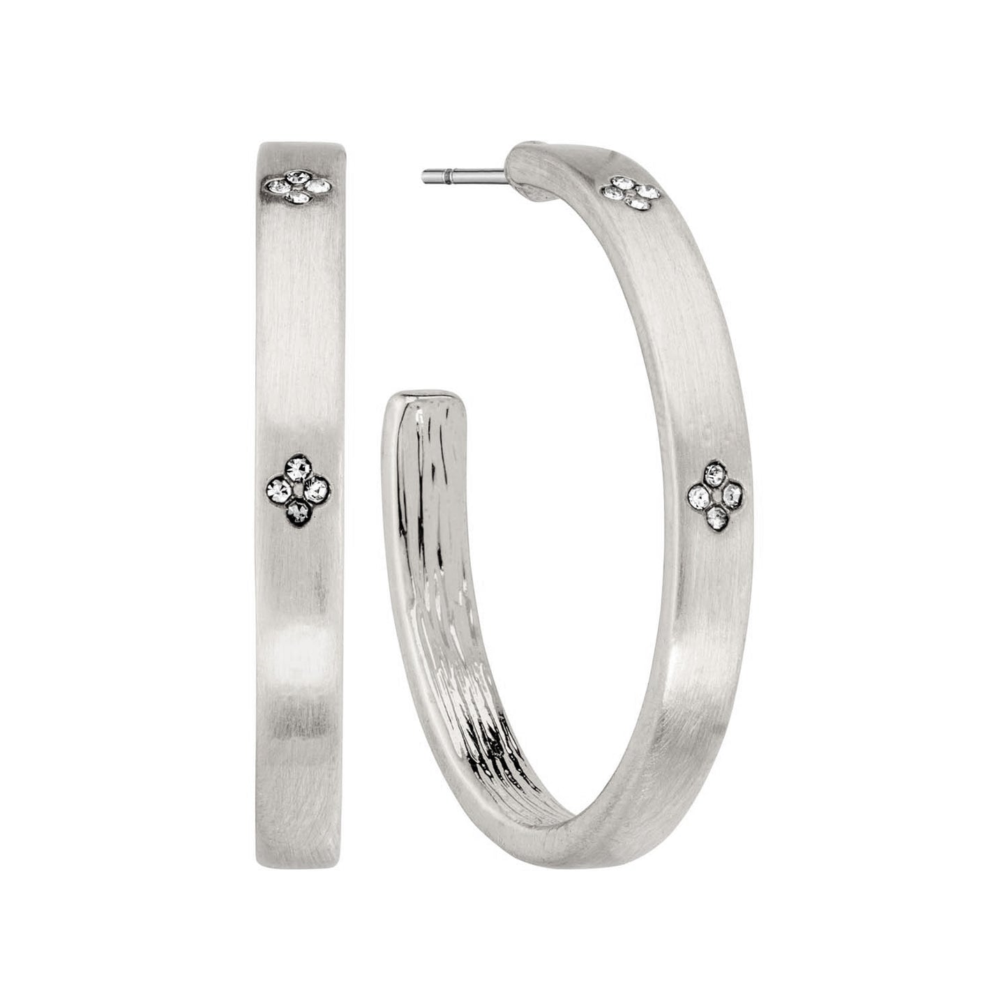 Matte Silver Hoop with Rhinestone Clover Accents 1" Earring