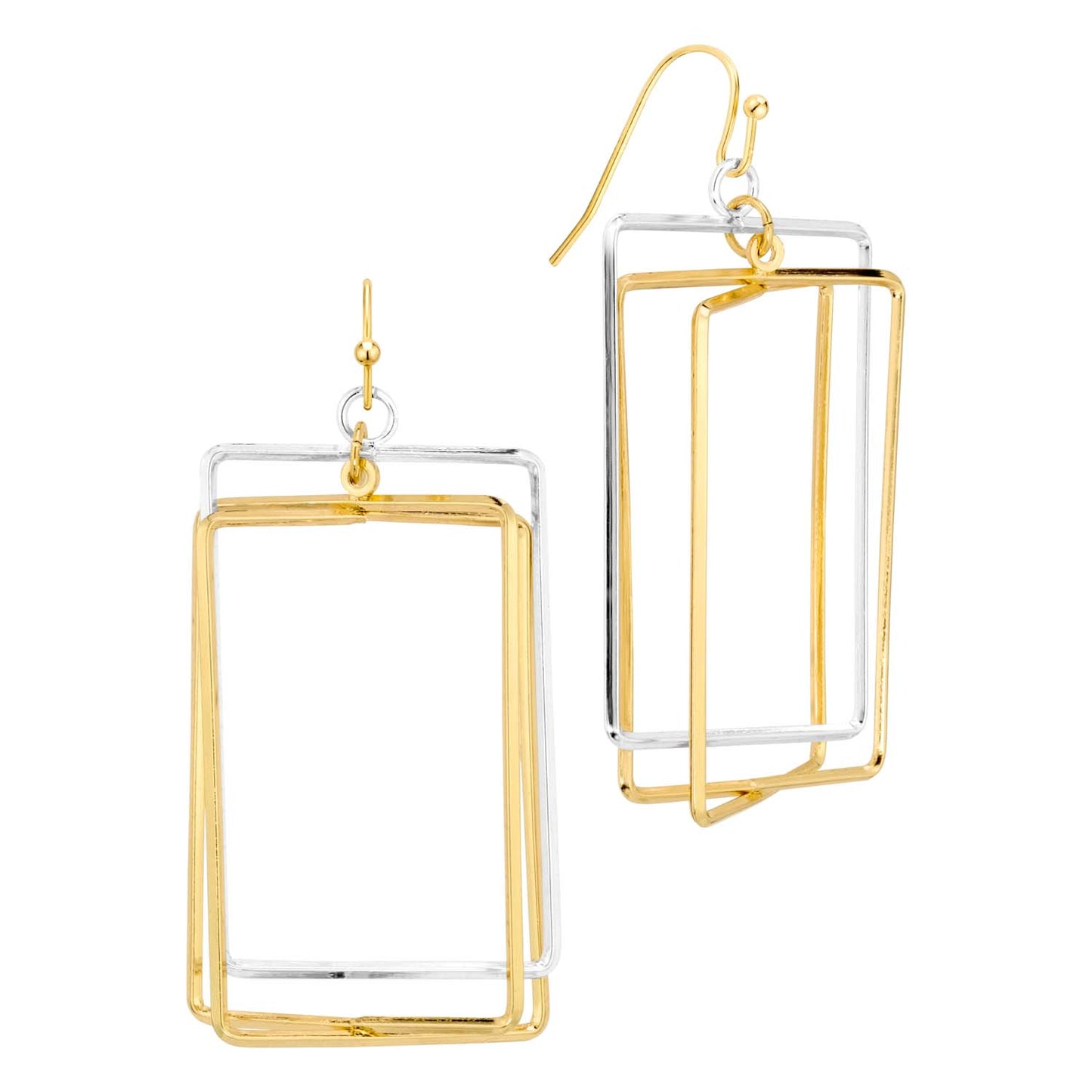 Gold and Silver Layered Rectangle 2" Earring