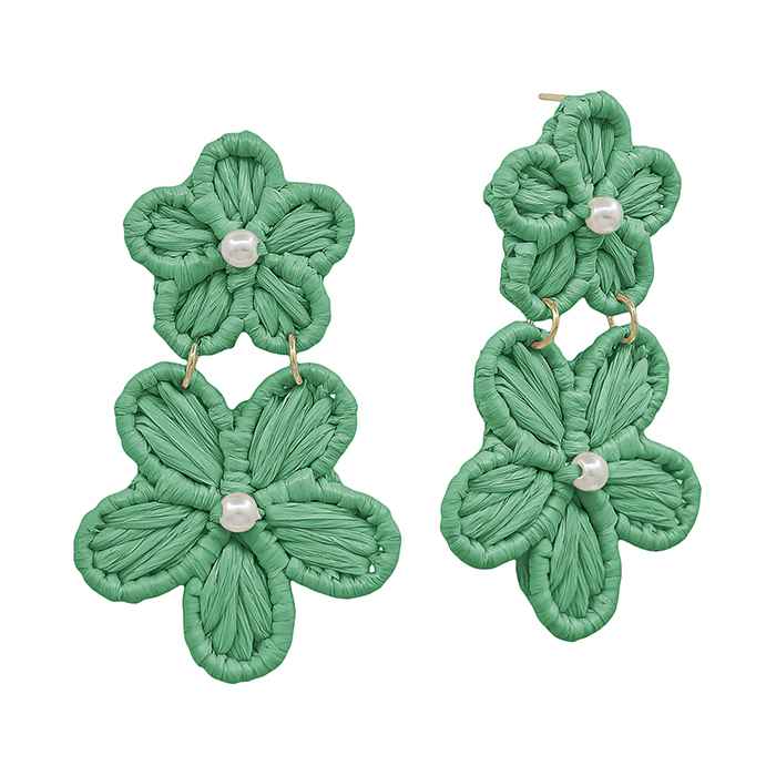 Green Double Flower Paper Wrapped with Pearl Accent 2" Drop Earring