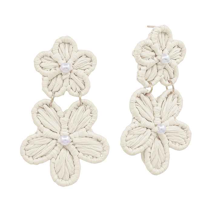 Natural Cream Double Flower Paper Wrapped with Pearl Accent 2" Drop Earring