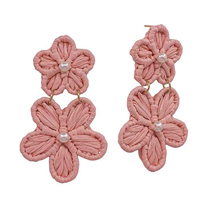 Peach Double Flower Paper Wrapped with Pearl Accent 2" Drop Earring