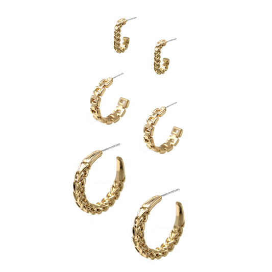 Gold Set of 3 Textured Hoop Earrings