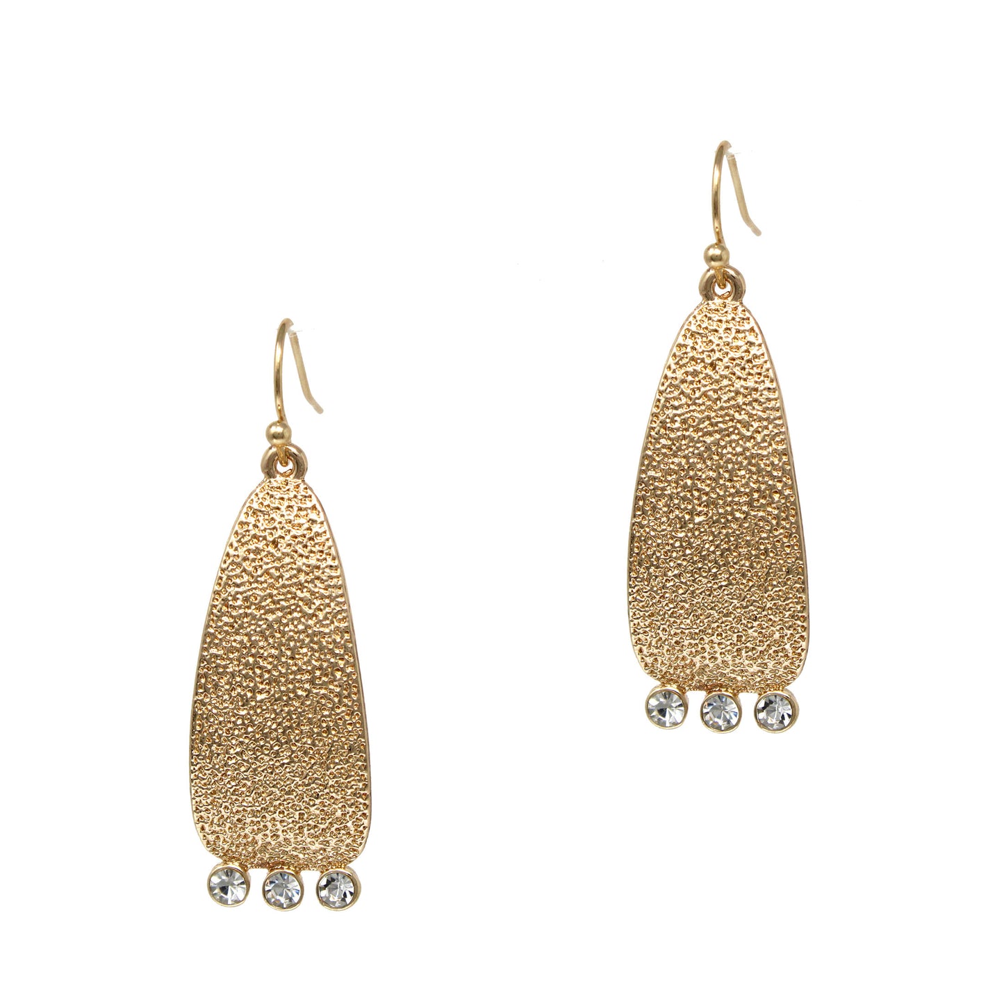 Gold Textured Geometric Drop Earring with Three Crystals 1.5" Earring