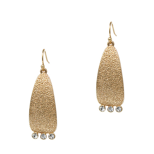 Gold Textured Geometric Drop Earring with Three Crystals 1.5" Earring