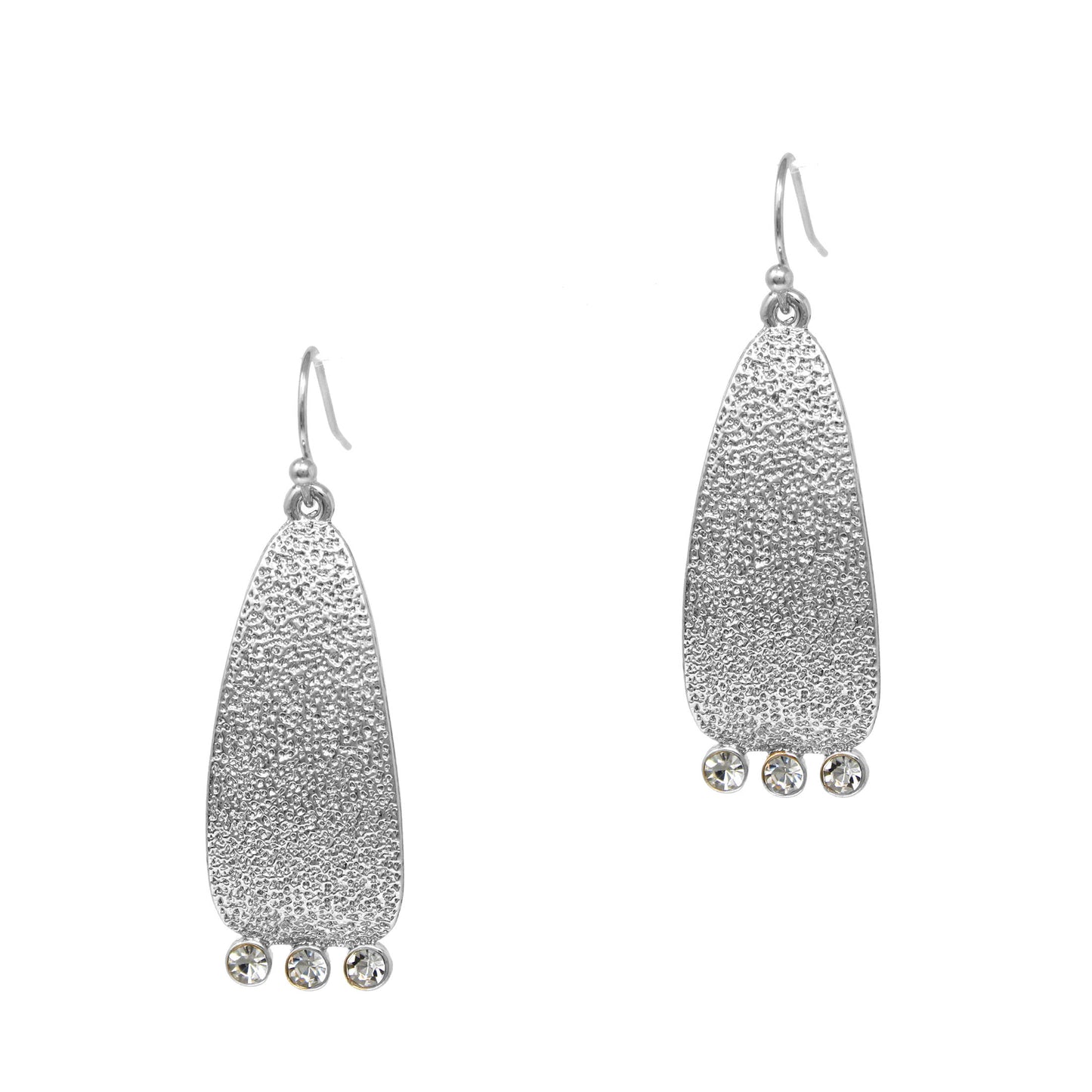 Silver Textured Geometric Drop Earring with Three Crystals 1.5" Earring