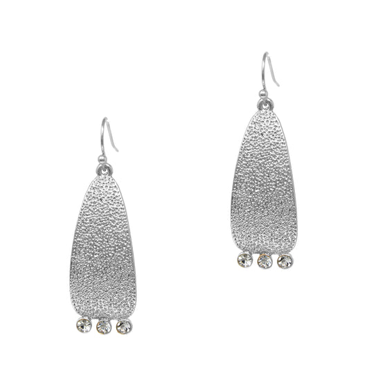 Silver Textured Geometric Drop Earring with Three Crystals 1.5" Earring