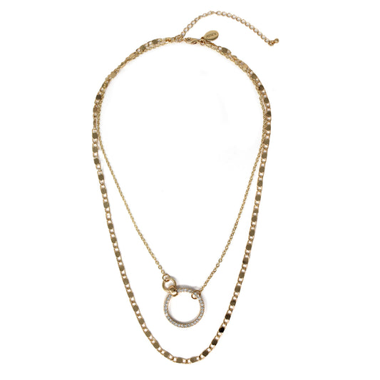 Gold Chain with Rhinestone Circle Layered 16"-18" Necklace