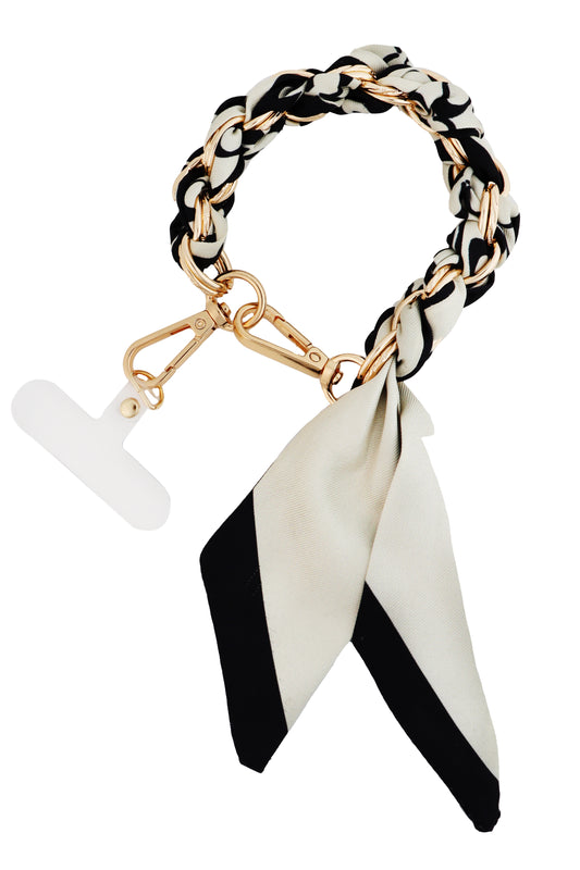 White and Black with Gold Knotted Scarf Purse or Phone Chain