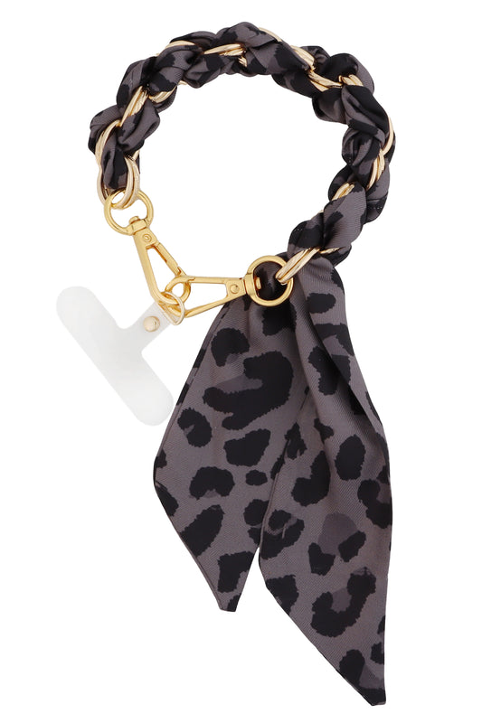 Grey Cheetah Print with Gold Knotted Scarf Purse or Phone Chain