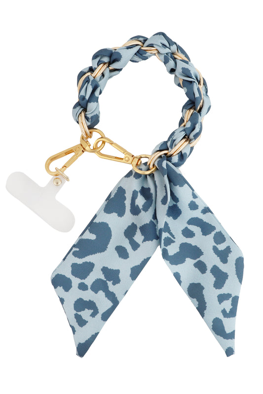 Blue Cheetah Print with Gold Knotted Scarf Purse or Phone Chain