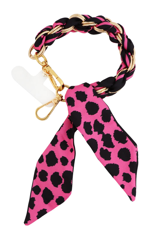 Hot Pink Cheetah Print with Gold Knotted Scarf Purse or Phone Chain