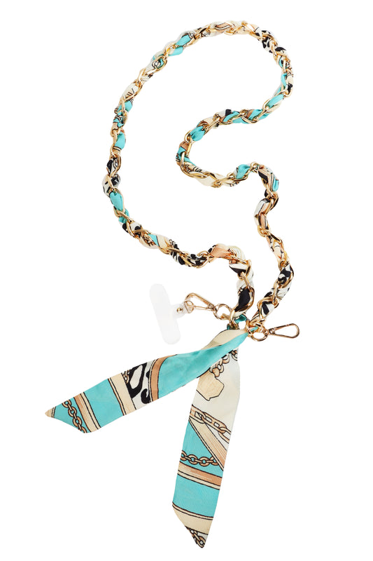 Blue/White Scarf with Gold Knotted 46" Phone Chain