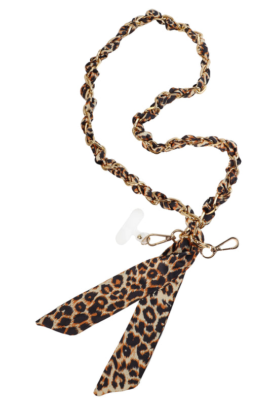 Cheetah Print Scarf with Gold Knotted 46" Phone Chain