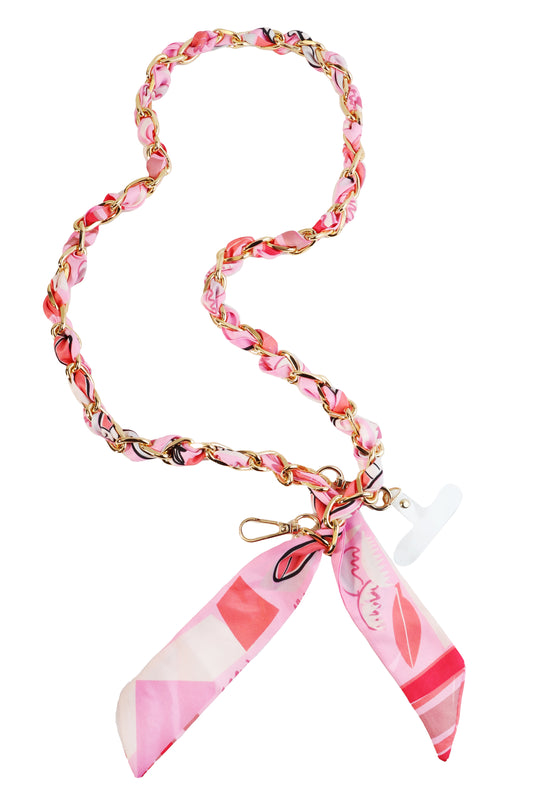 Pink and White Scarf with Gold Knotted 46" Phone Chain