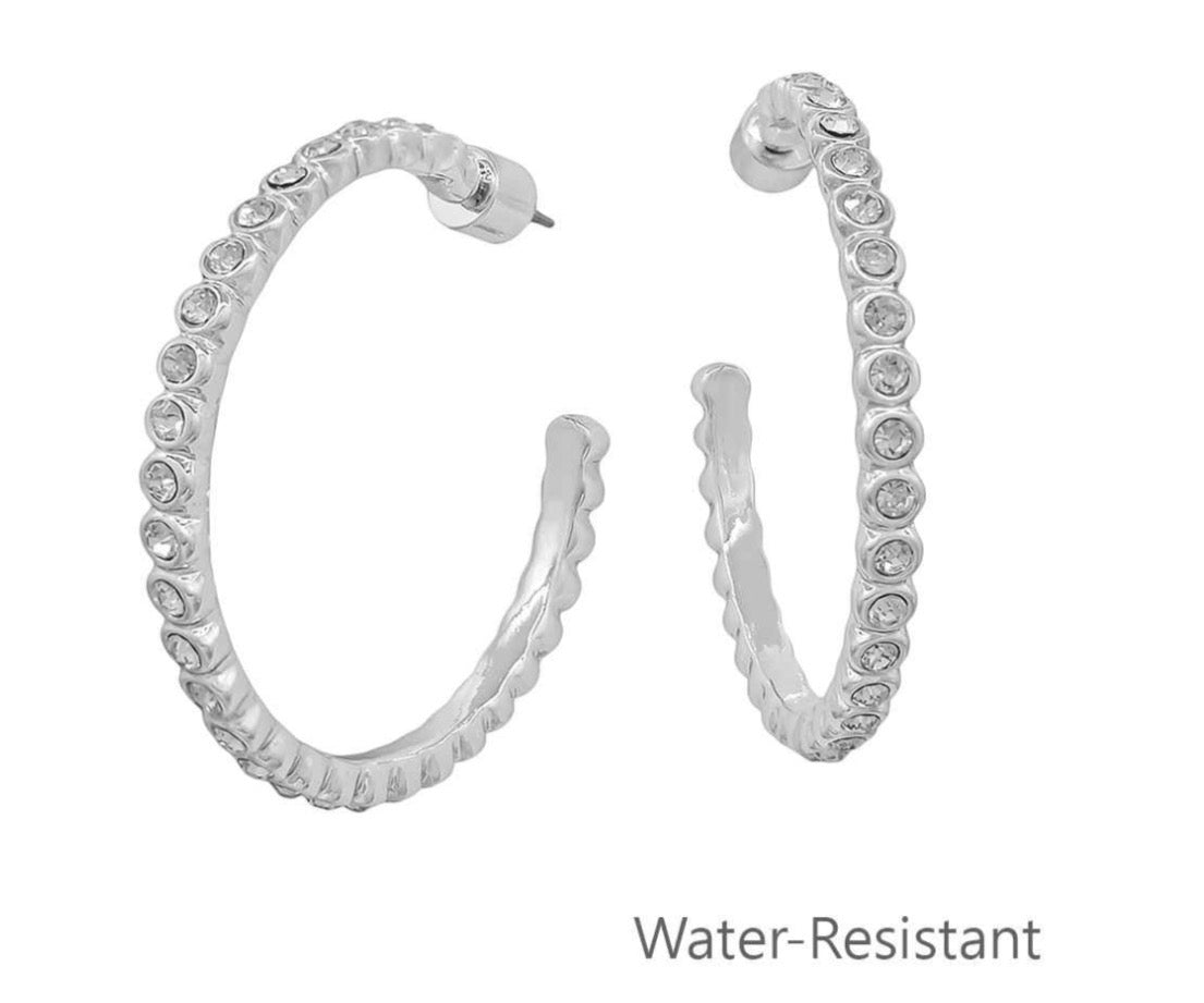 Water Resistant 1.5" Silver 2MM rhinestone  Hoop