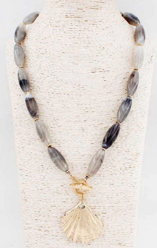 Grey Oval Acrylic Beaded with Large Textured Shell Charm 16"-18" Necklace