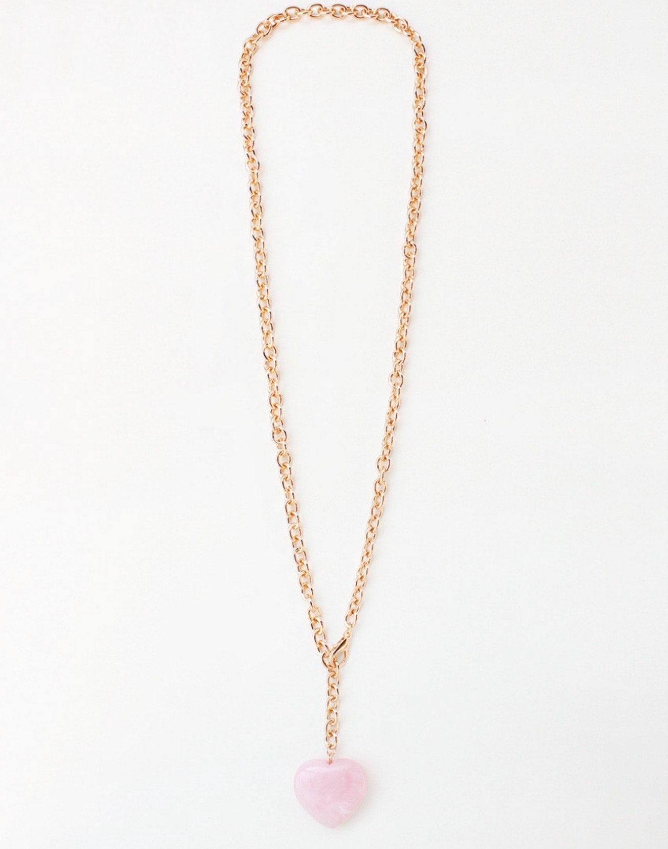 Gold Chain with Pink Natural Stone Heart 42" Necklace, Great to Wrap/Layer