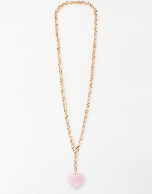 Gold Chain with Pink Natural Stone Heart 42" Necklace, Great to Wrap/Layer