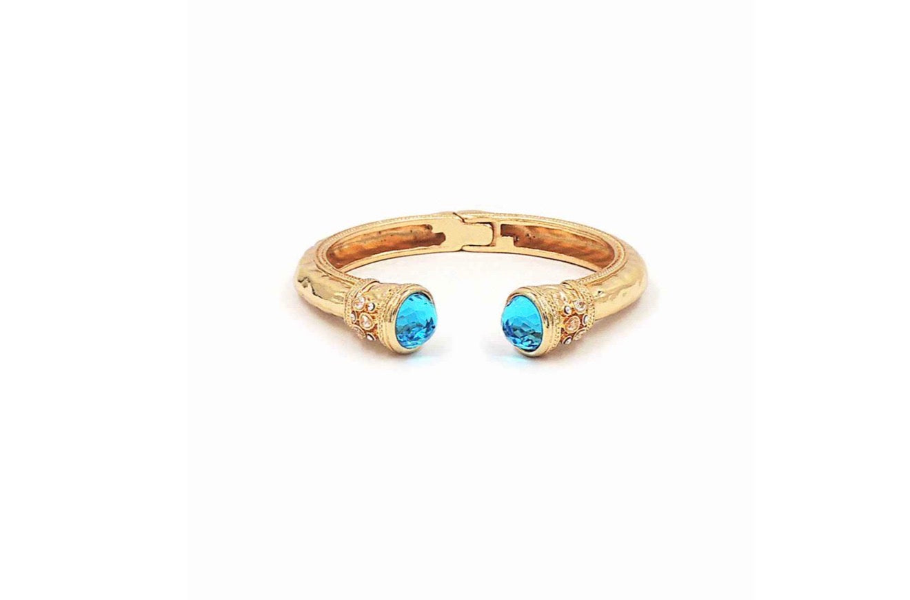 Gold Metal Hinged with Blue Crystal Stone Bracelet