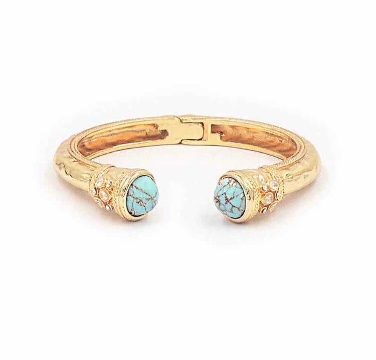 Gold Metal Hinged with Turquoise Crystal Stone Bracelet