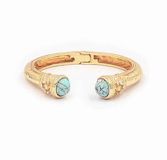 Gold Metal Hinged with Turquoise Crystal Stone Bracelet
