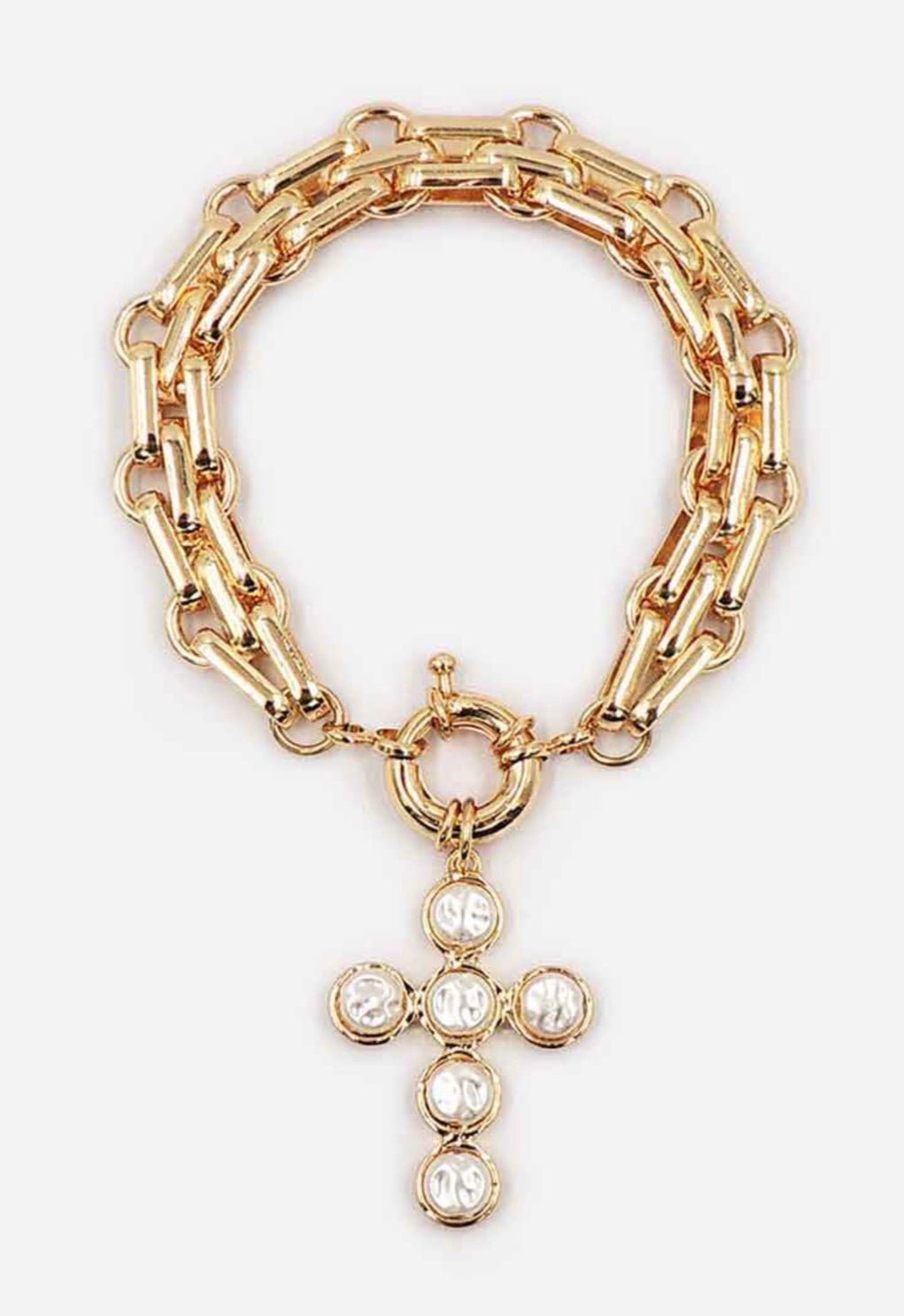 Gold Multi Chain with Freshwater Pearl Cross Charm Bracelet