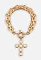 Gold Multi Chain with Freshwater Pearl Cross Charm Bracelet