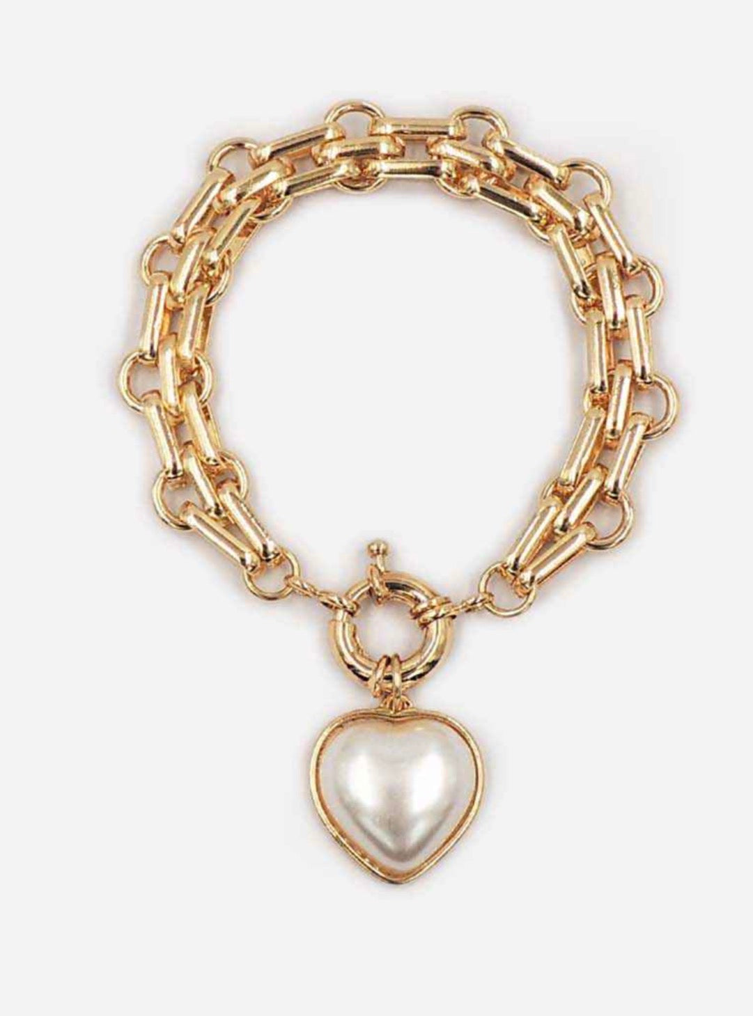 Gold Multi Chain with Freshwater Pearl Heart Charm Bracelet