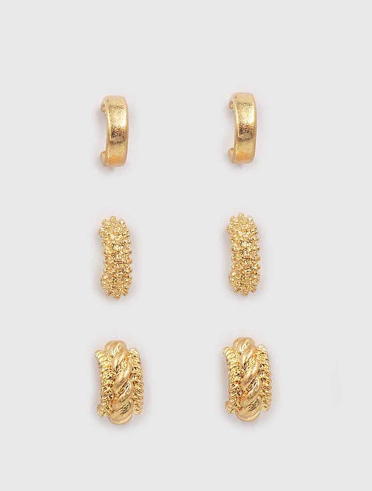 Set of 3 Worn Gold Textured Huggie Hoop Style Earrings