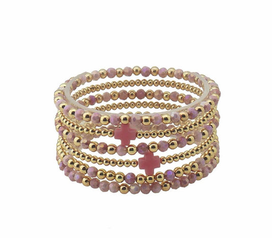 Set of 5 Gold and Dark Pink Crystal with Cross Stretch Bracelets (Copy)