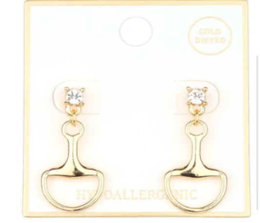 Rhinestone Stud with Gold Horse Bit 1.25" Drop Earring