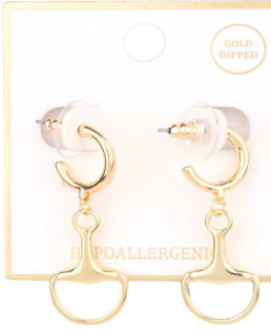 Gold Huggie Hoop with Horsebit 1.25" Drop Earring