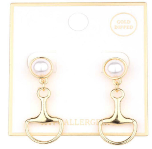 Pearl Stud with Gold Horsebit 1.25" Drop Earring