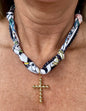 Navy and White Knotted Scarf with Bubble Cross Removable Charm