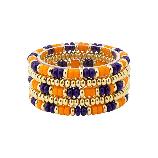 Orange and Navy Beaded with Gold Set of 4 Stretch Bracelets