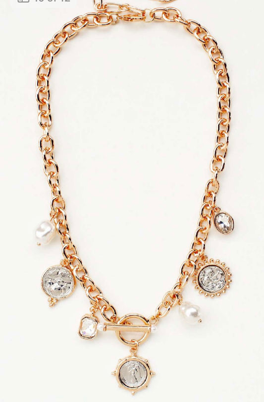 Gold Thick Chain with Pearl and Coin Charms 16"-18" Necklace