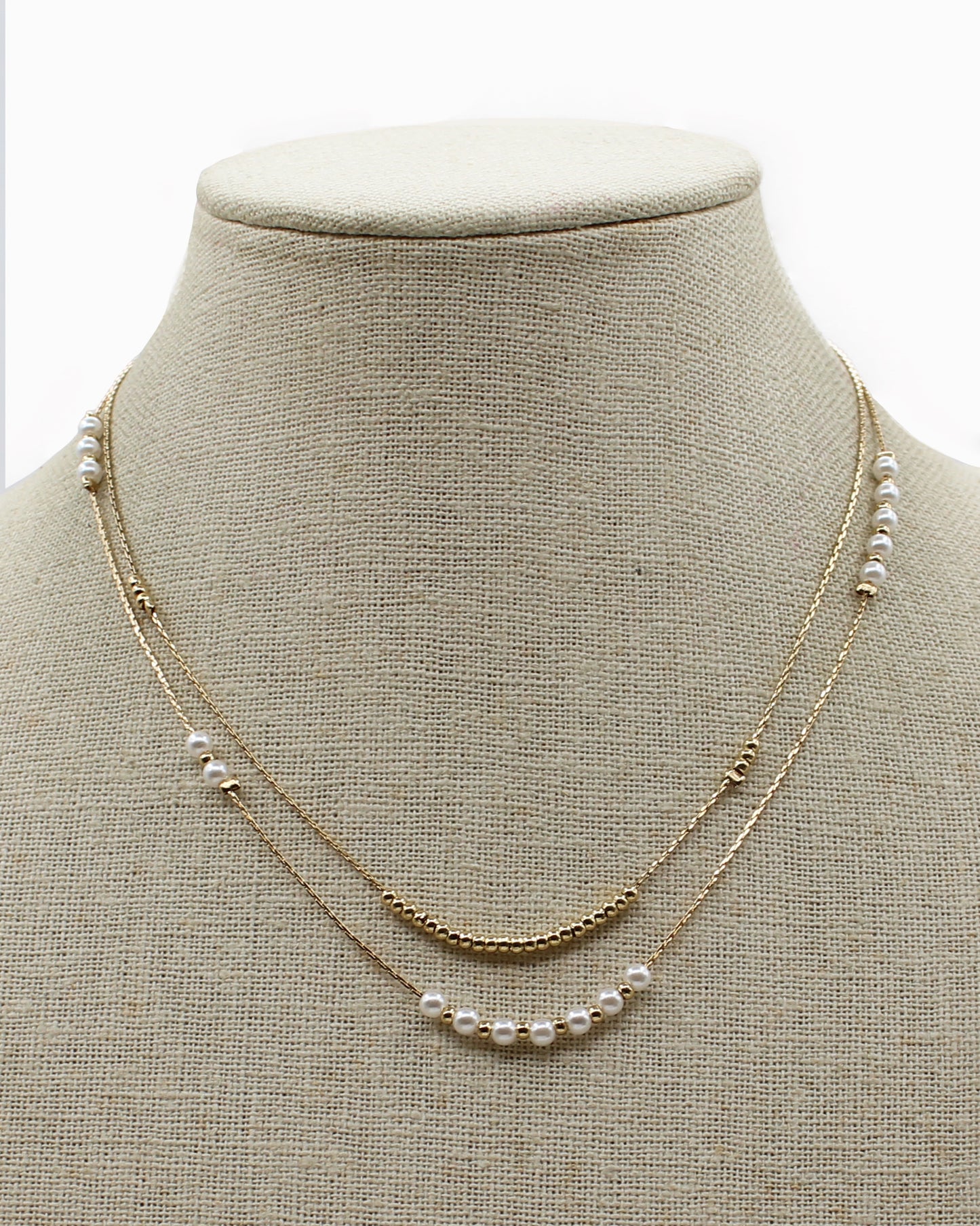 Gold Beaded and Pearl Layered 16"-18" Necklace