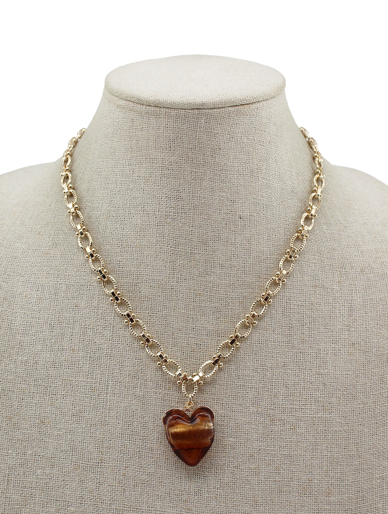 Gold Chain Necklace with Brown Acrylic Heart Charm 16"-18"