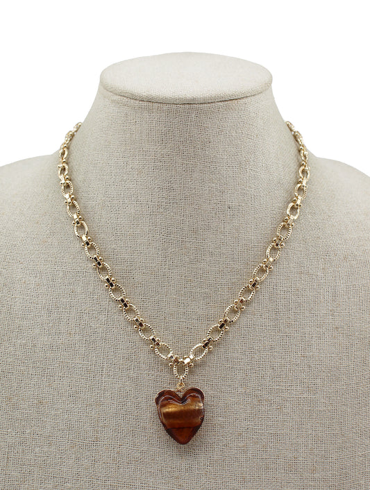 Gold Chain Necklace with Brown Acrylic Heart Charm 16"-18"