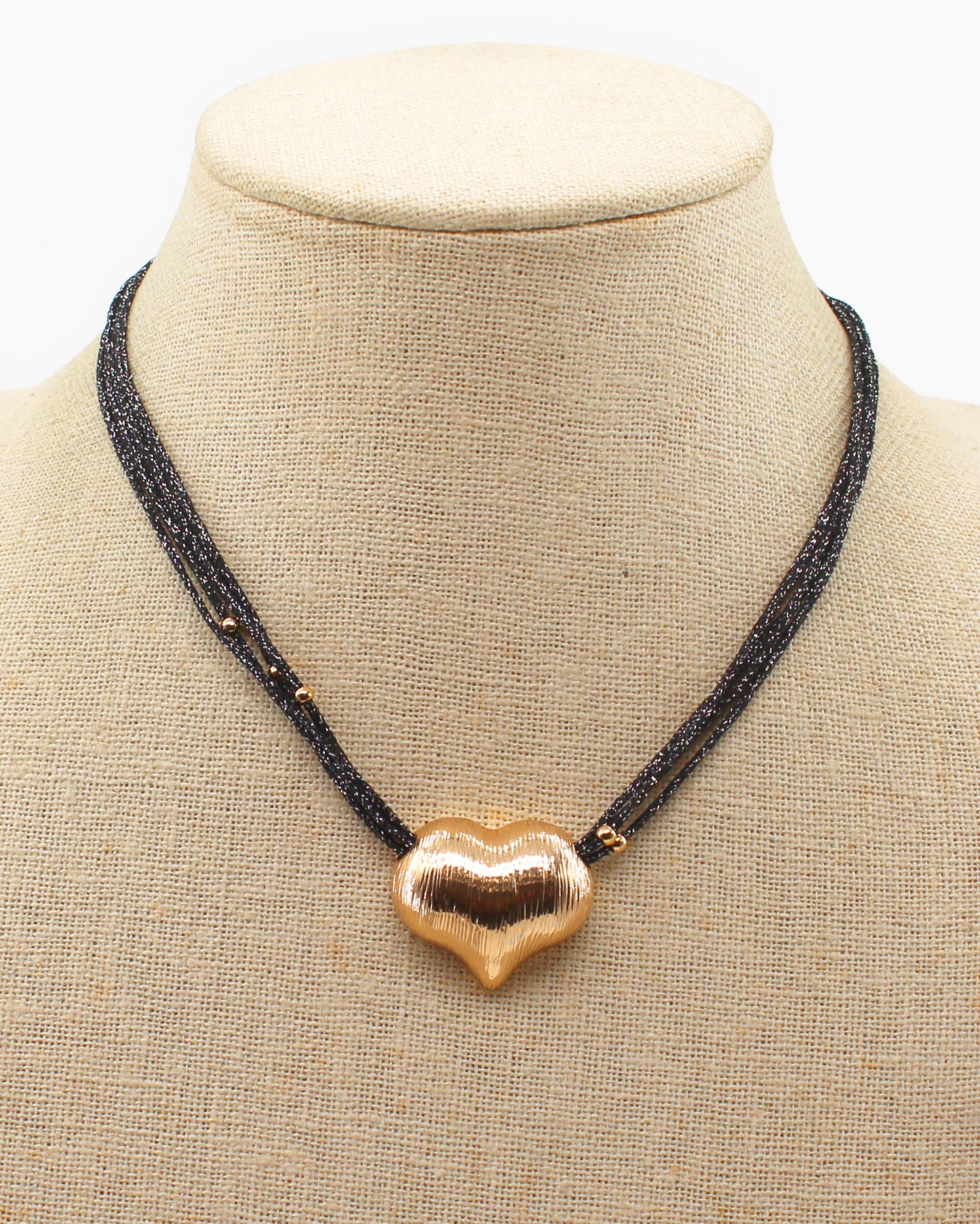 Black Leather Cords with Gold Heart 16"-18" Necklace