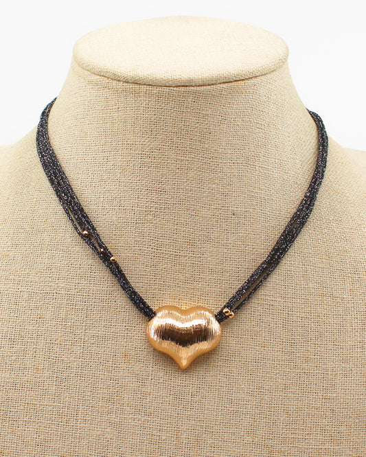 Black Leather Cords with Gold Heart 16"-18" Necklace