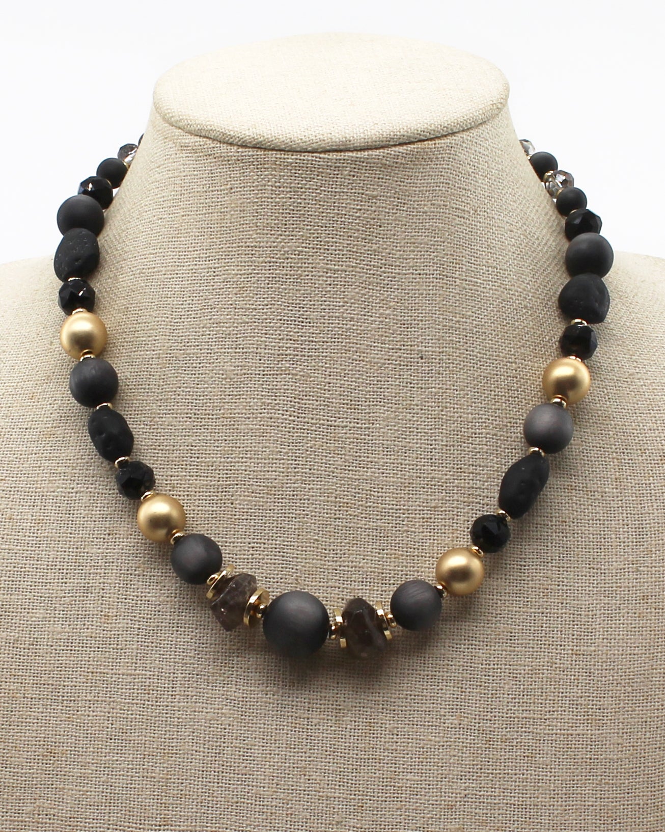 Black Natural Stone and Gold Beaded 16"-18" Necklace